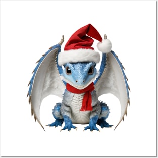 Adorable Blue Baby Dragon Wearing a Red Festive Christmas Hat Posters and Art